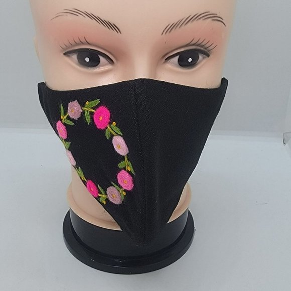 New Cover Face ear loop Women's Black Mask Embroidered handmade flower ring - Picture 2 of 7